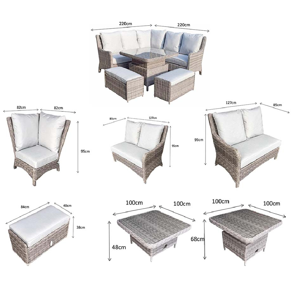Abobo Glass Top Garden Corner Dining Set With 2 Ottomans In Grey