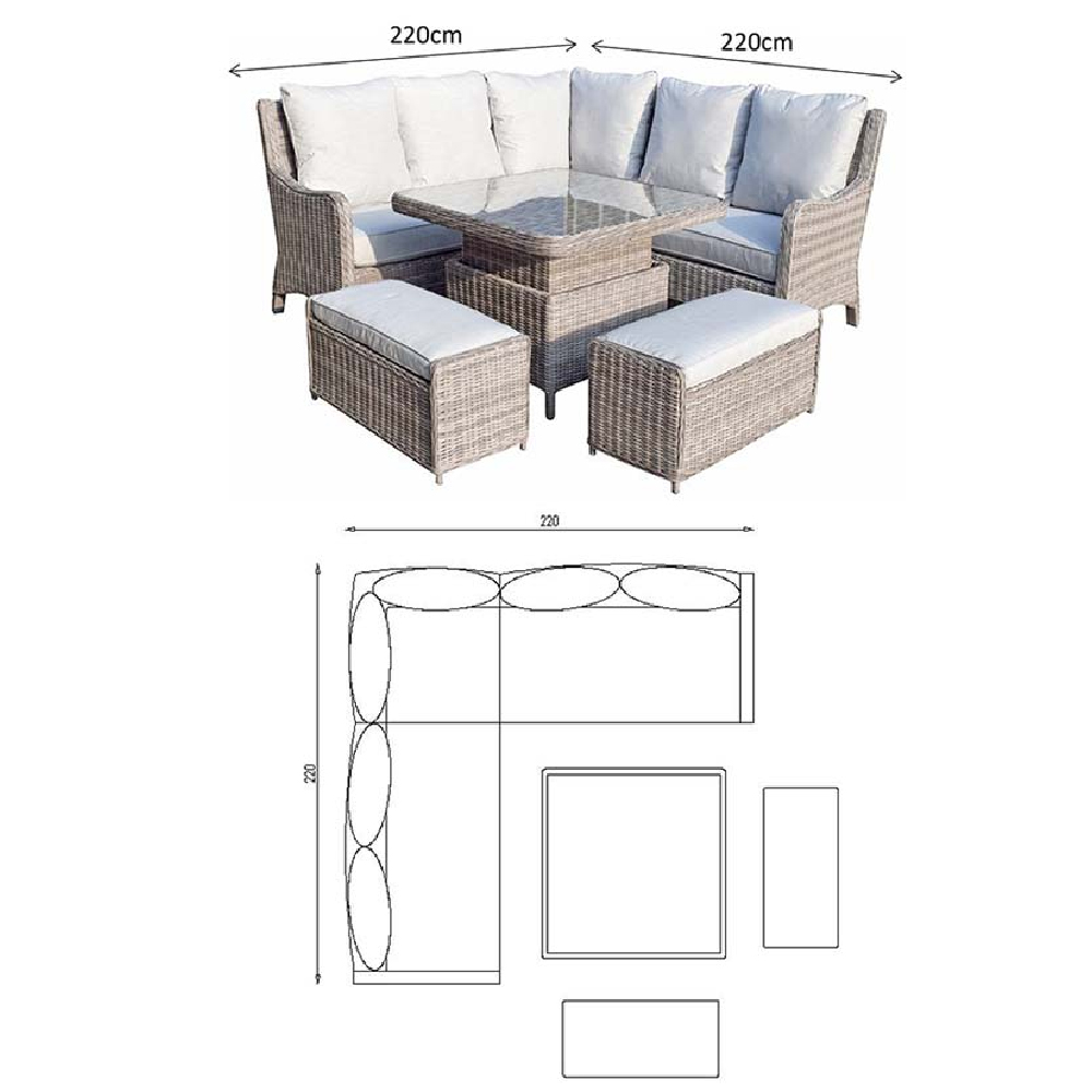 Abobo Glass Top Garden Corner Dining Set With 2 Ottomans In Grey