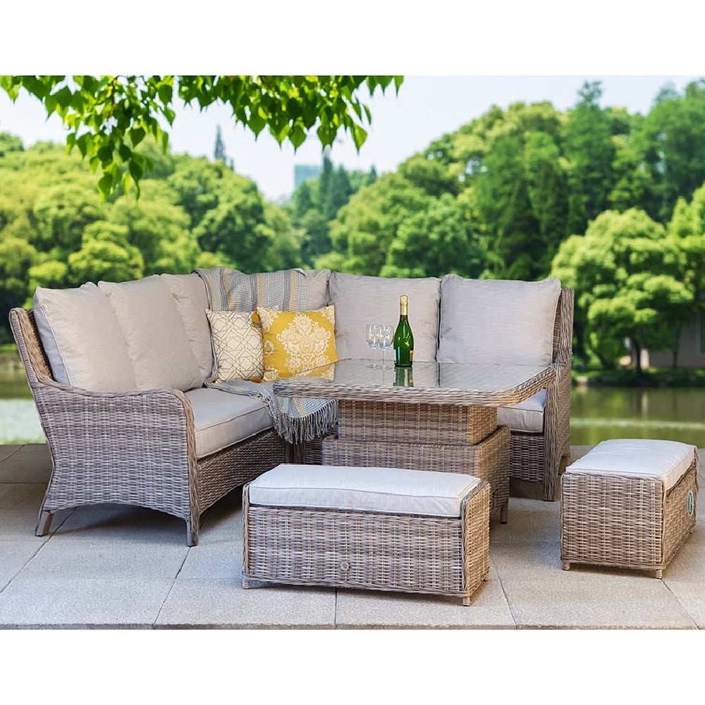 Abobo Glass Top Garden Corner Dining Set With 2 Ottomans In Grey