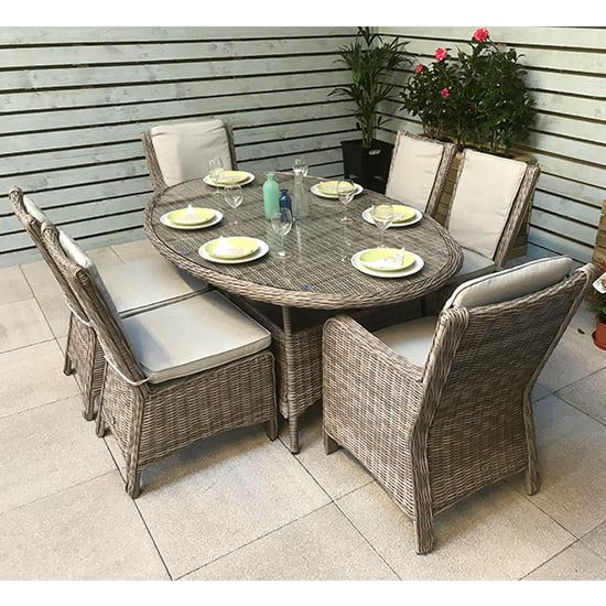 Product photograph of Abobo Oval Glass Dining Table With 6 Armchairs In Fine Grey from Furniture in Fashion