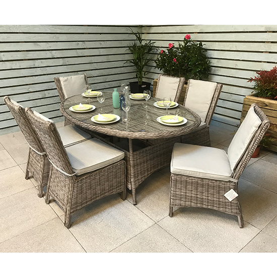 Read more about Abobo oval glass dining table with 6 armless chairs in grey