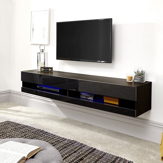 Photo of Goole wall mounted medium tv wall unit in black gloss and led