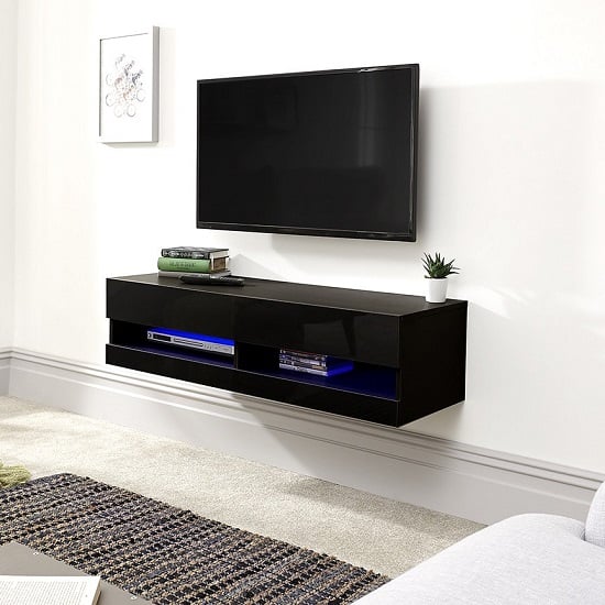 Read more about Goole wall mounted small tv wall unit in black gloss with led