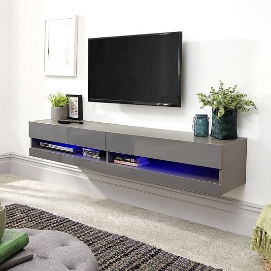 Photo of Goole wall mounted medium tv wall unit in grey gloss with led