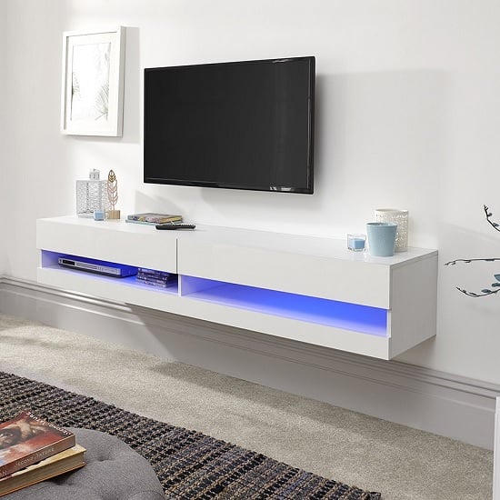 Photo of Goole wall mounted medium tv wall unit in white gloss with led