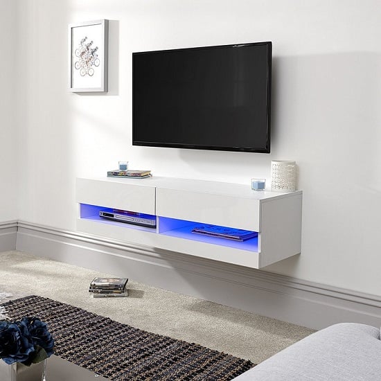 Goole Wall Mounted Small TV Wall Unit In White Gloss With LED