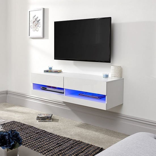 Read more about Goole wall mounted small tv wall unit in white gloss with led