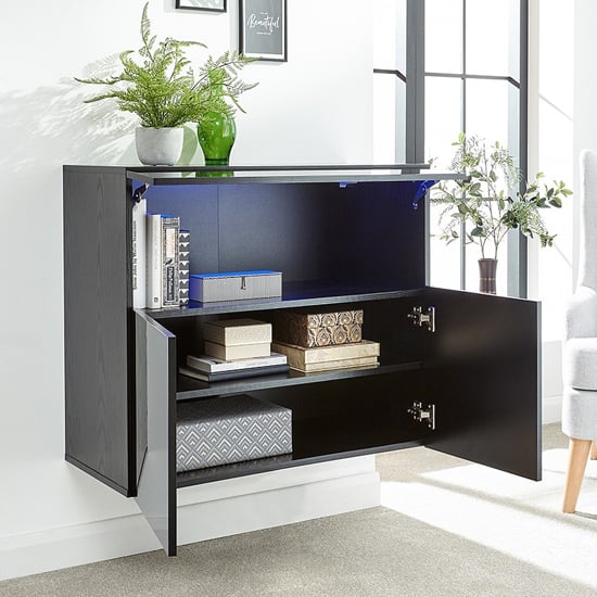 Goole LED Wall Mounted Wooden Sideboard In Black High Gloss_2