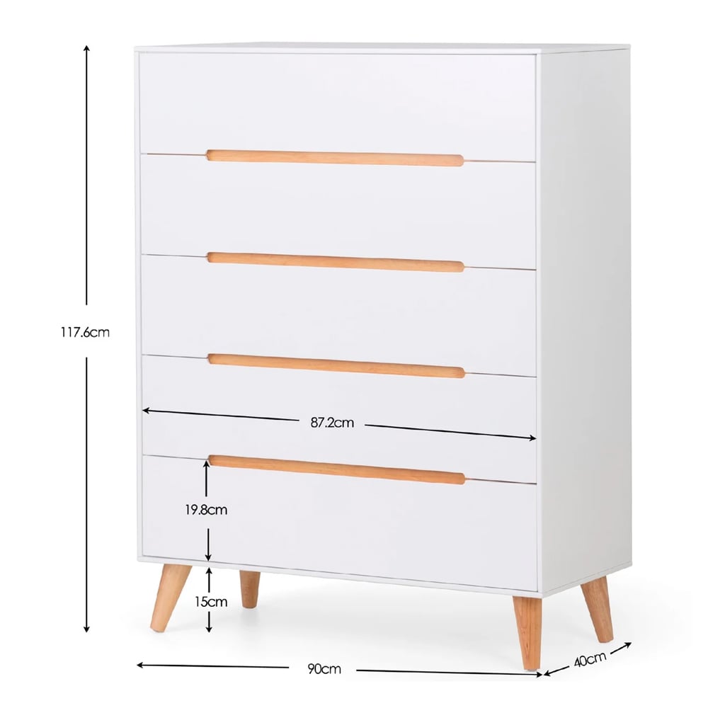 Abrina Wooden Chest Of 5 Drawers in Matt White And Oak