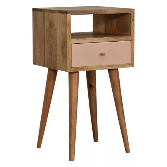 Photo of Acadia wooden petite bedside cabinet in oak ish and pink