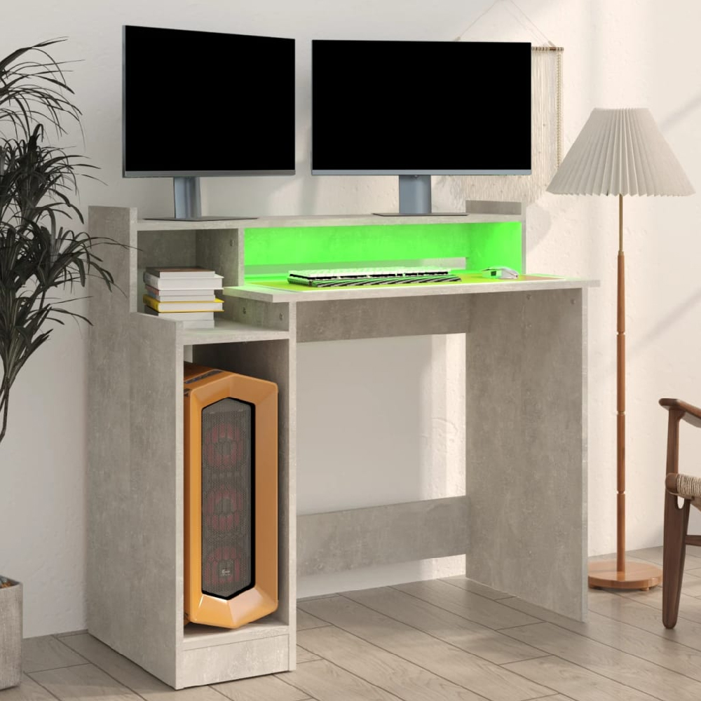 Acampo Wooden Laptop Desk In Concrete Grey With LED Lights