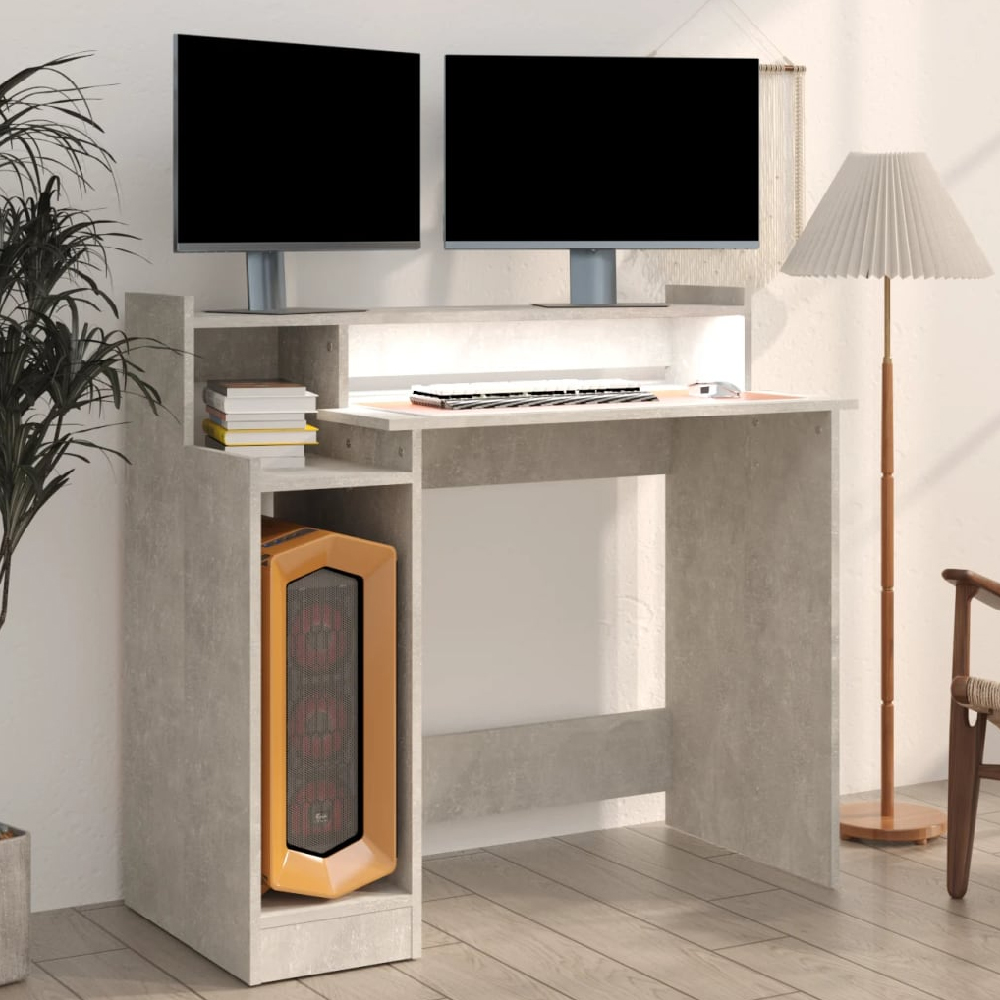 Acampo Wooden Laptop Desk In Concrete Grey With LED Lights
