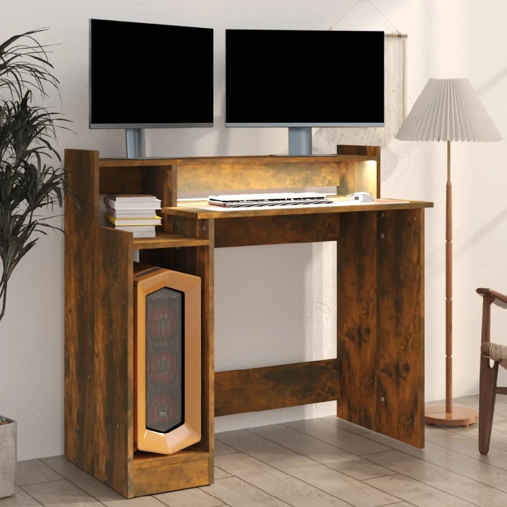 Acampo Wooden Laptop Desk In Smoked Oak With LED Lights