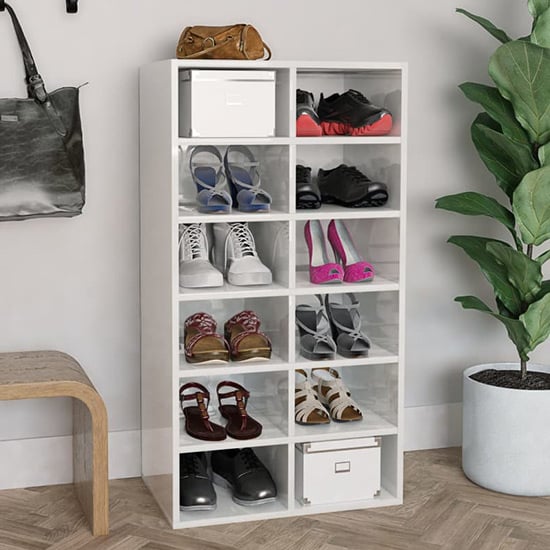 Photo of Acciai high gloss shoe storage rack with 12 shelves in white