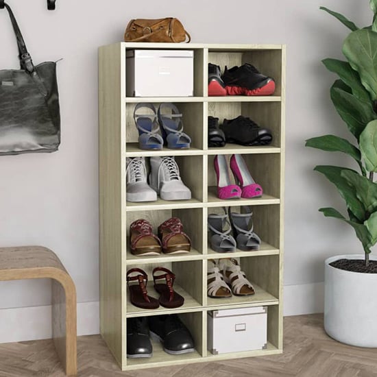 Product photograph of Acciai Wooden Shoe Storage Rack With 12 Shelves In Sonoma Oak from Furniture in Fashion