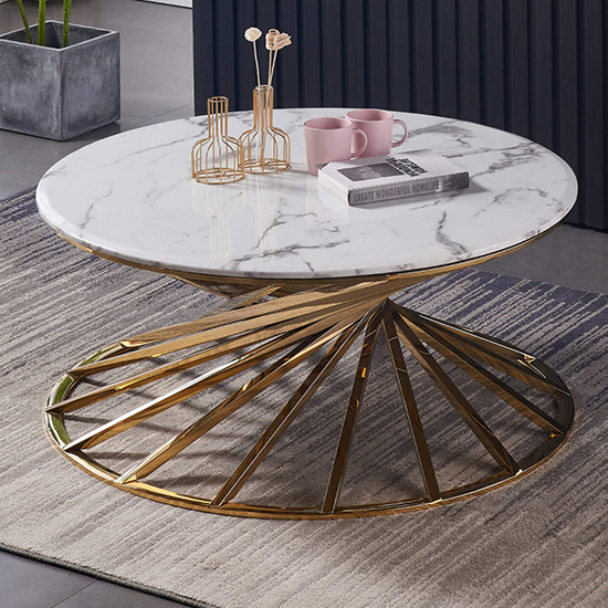 Akko Wooden Coffee Table With Gold Frame In Marble Effect