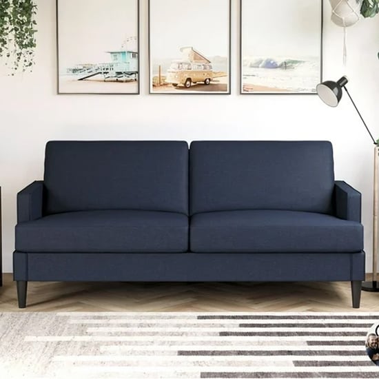 Accord Linen Fabric 3 Seater Sofa In Blue With Black Legs