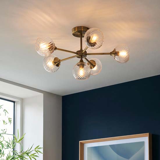 Accra 6 Lights Semi Flush Ceiling Light In Antique Brass