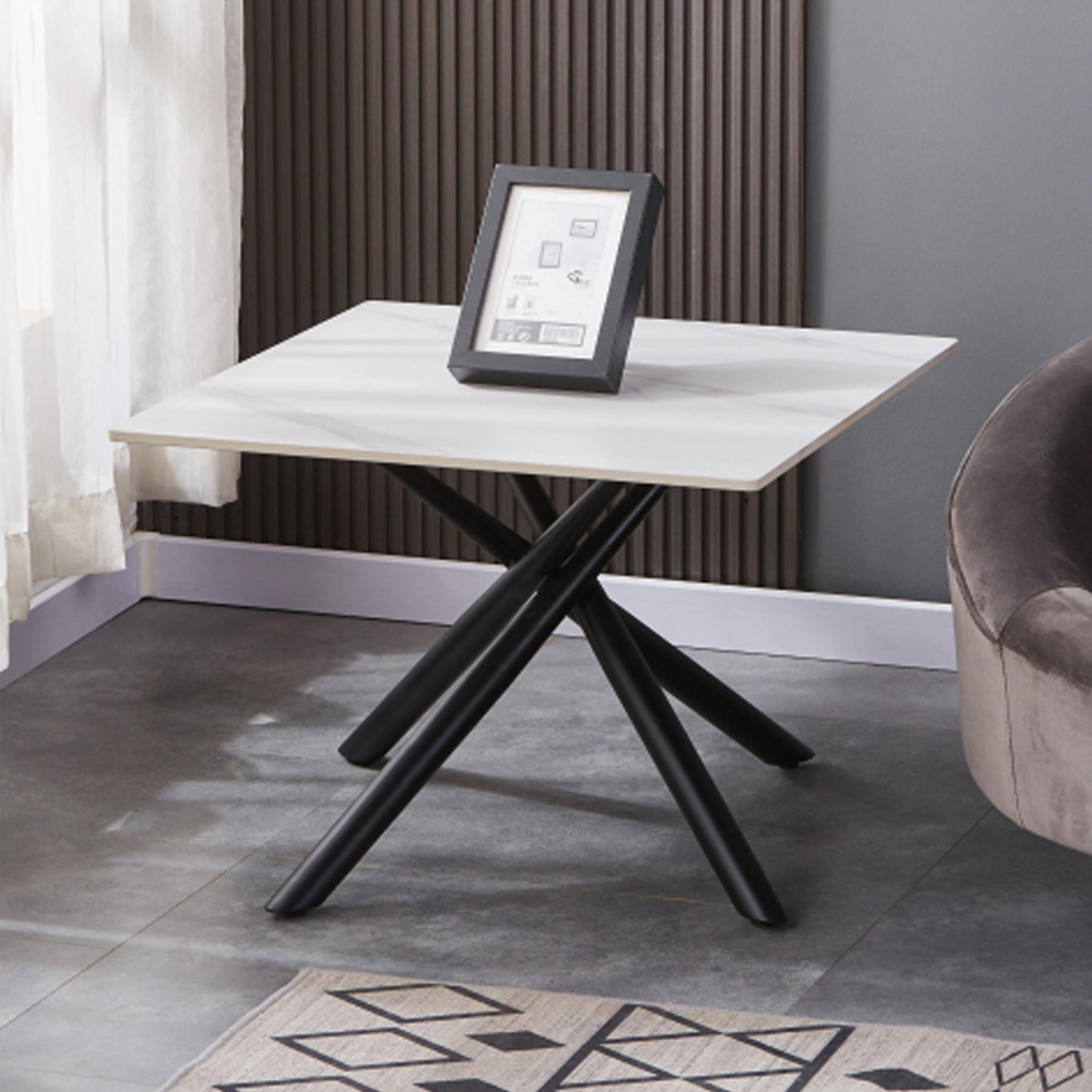 Accro White Ceramic Top End Table with Black Metal Legs