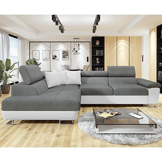 Product photograph of Acker Fabric Left Hand Corner Sofa Bed In Grey And White from Furniture in Fashion