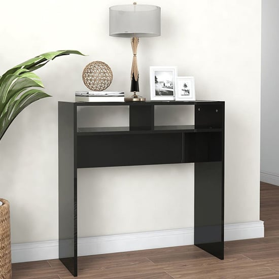 Acosta High Gloss Console Table With 2 Shelves In Black_1