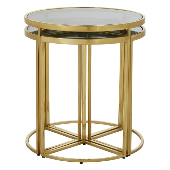 Product photograph of Acox Round Black Glass Top Nest Of 5 Tables With Gold Frame from Furniture in Fashion