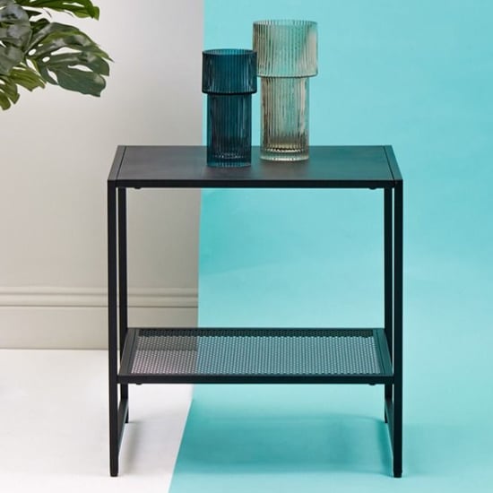 Photo of Acre metal end table with open mesh shelf in black