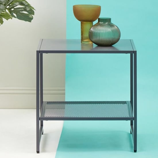 Photo of Acre metal end table with open mesh shelf in grey