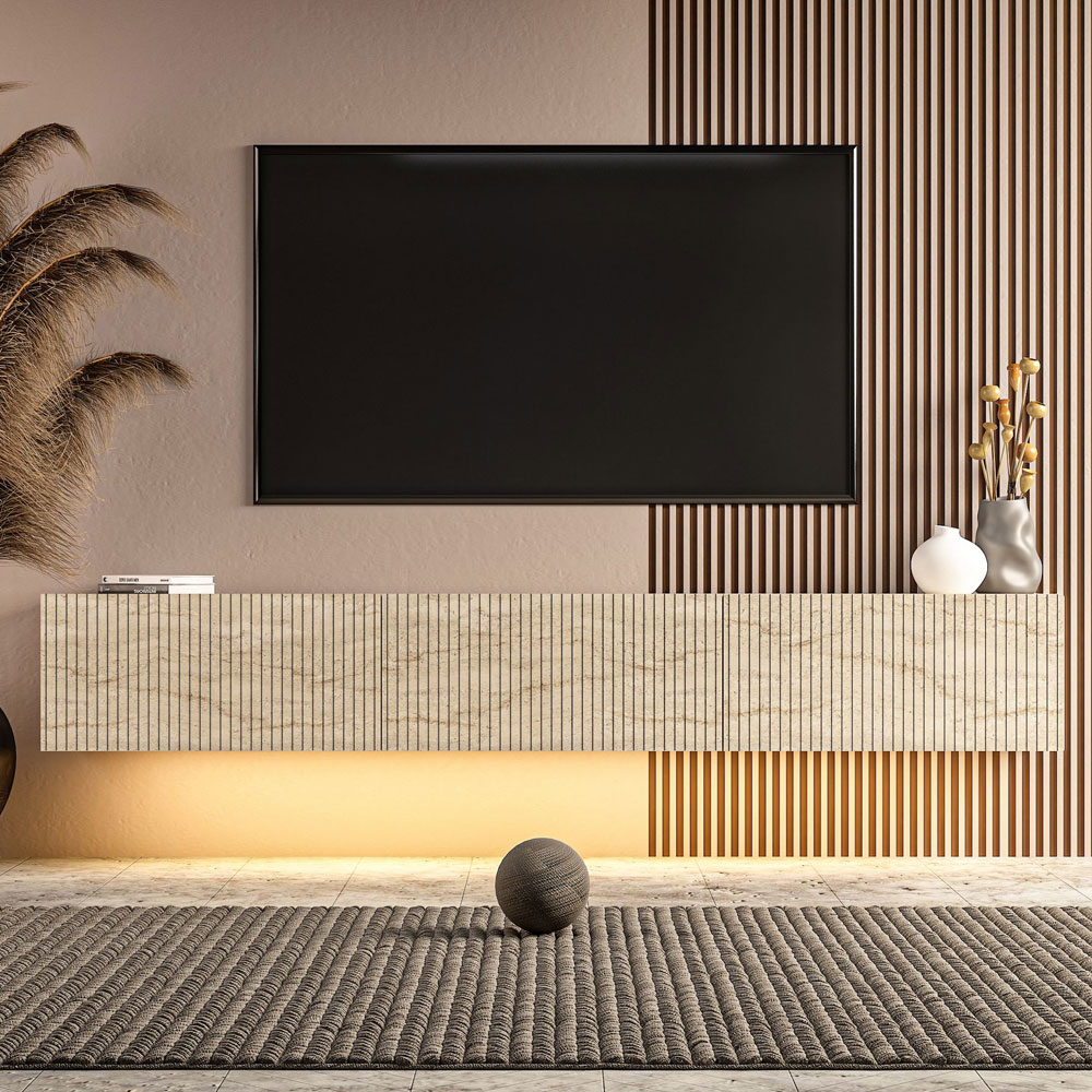 Ada Wooden Wall Mounted TV Stand in Travertine Marble Effect and LED