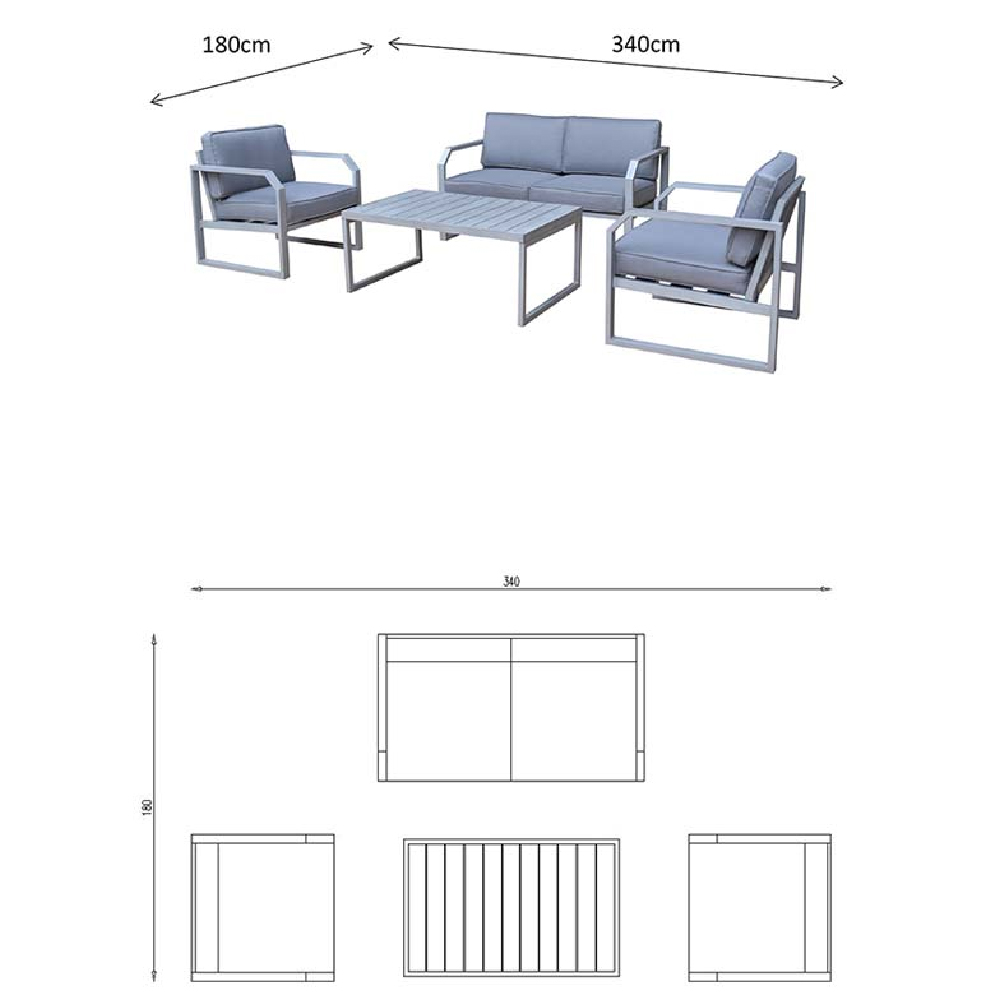 Adana Aluminium Garden Sofa Set With Coffee Table In Grey