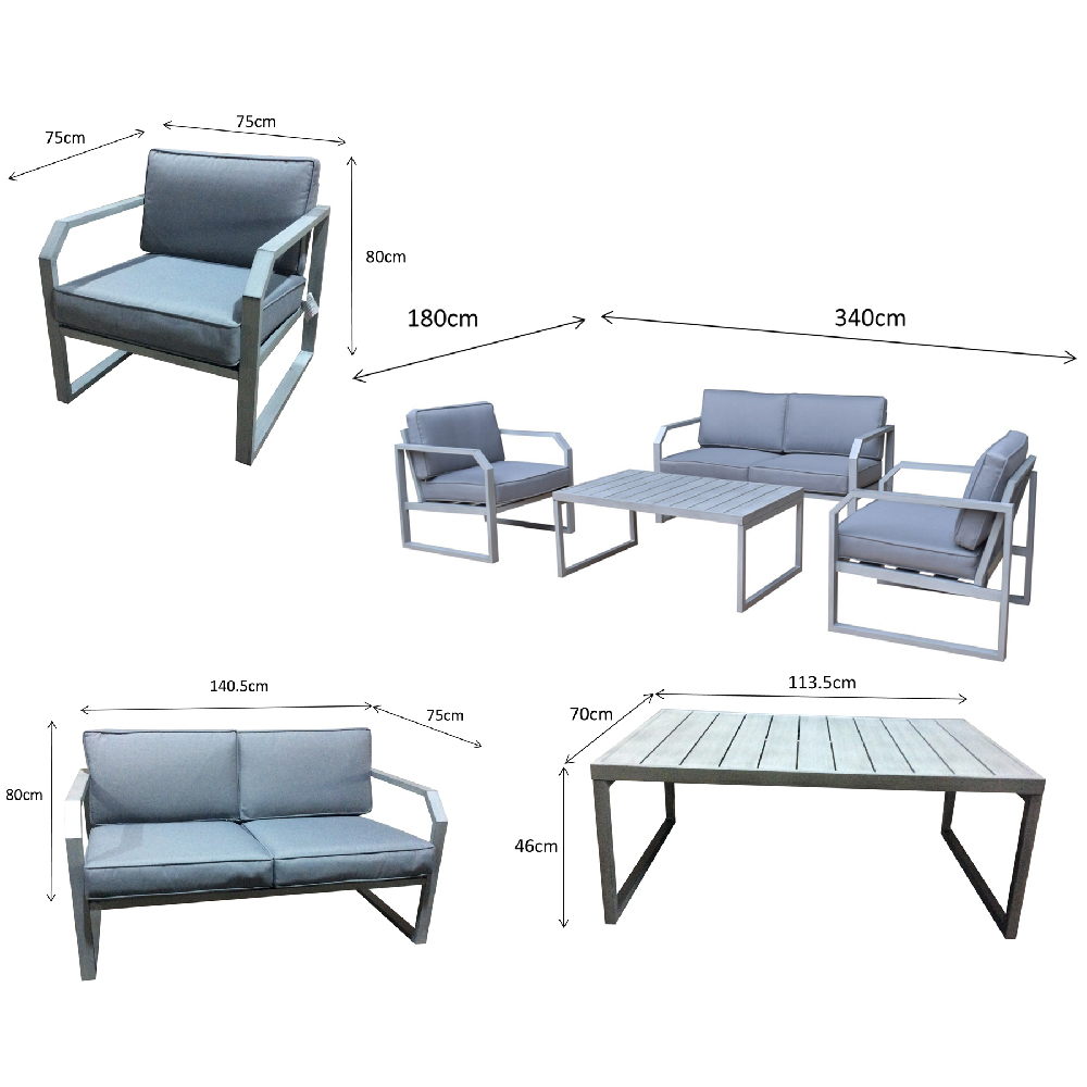 Adana Aluminium Garden Sofa Set With Coffee Table In Grey