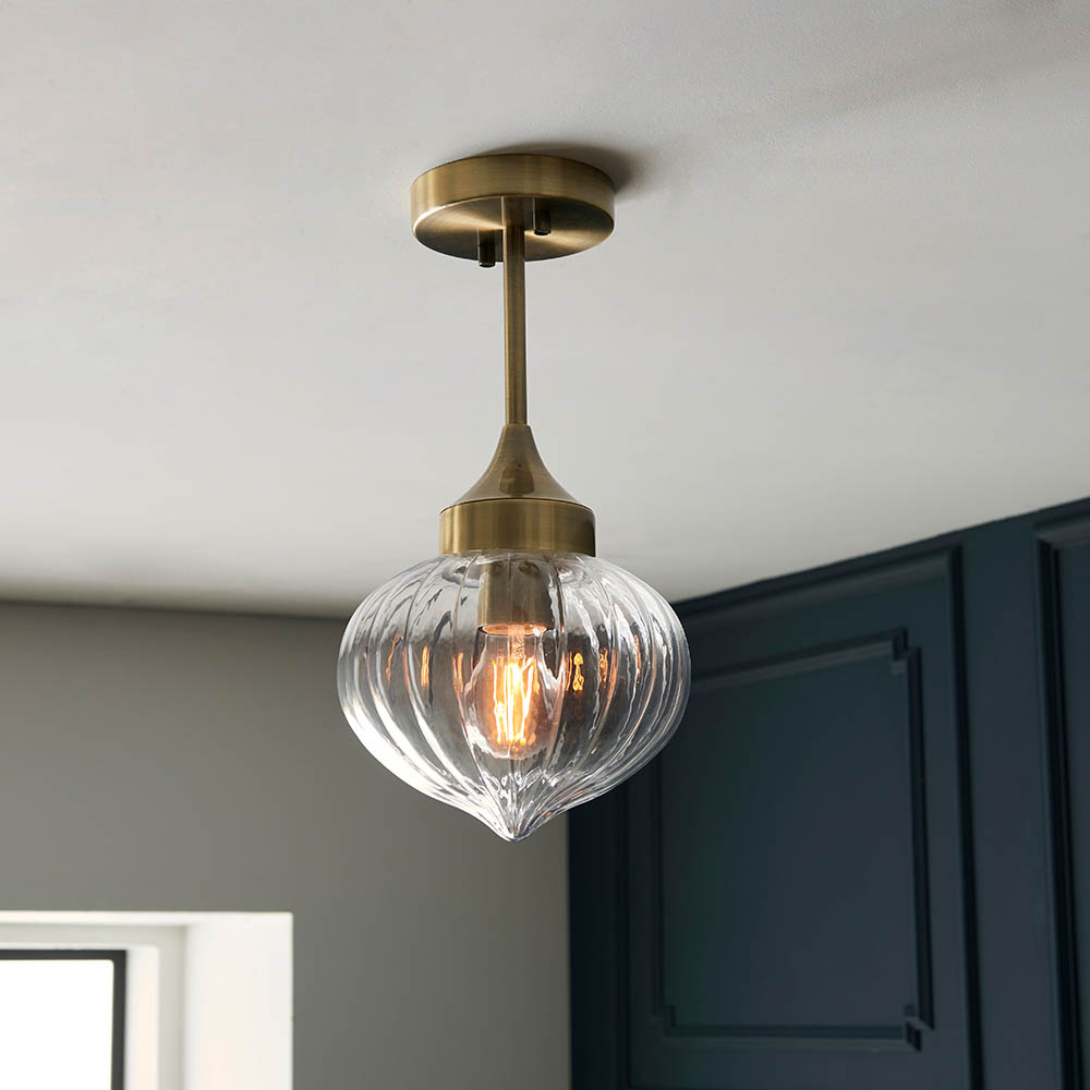 Read more about Addington glass shade semi flush ceiling light in antique brass