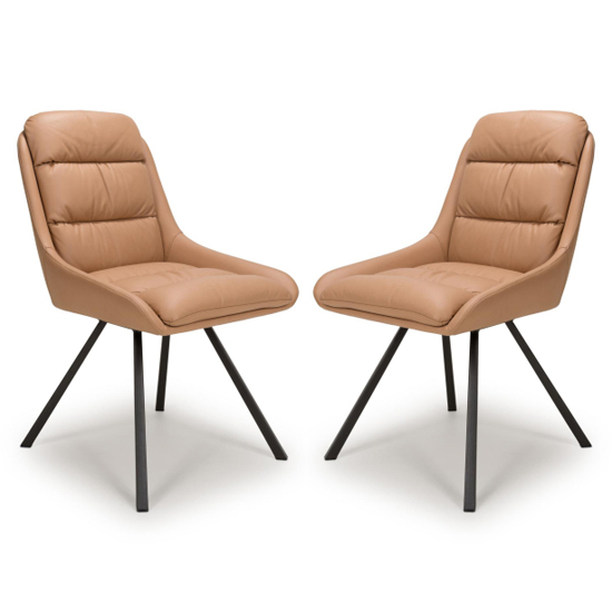 Read more about Addis tan leather dining chairs with black legs in pair