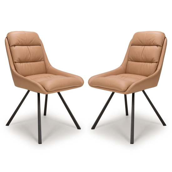 Addis Swivel Tan Leather Effect Dining Chairs In Pair