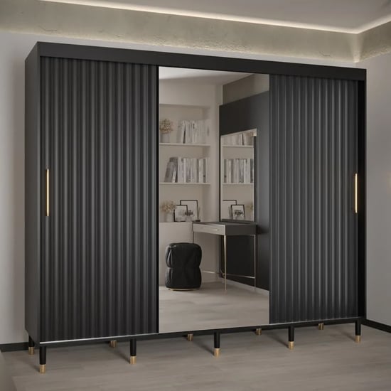 Product photograph of Adel Ii Mirrored Wardrobe With 3 Sliding Doors 250cm In Black from Furniture in Fashion