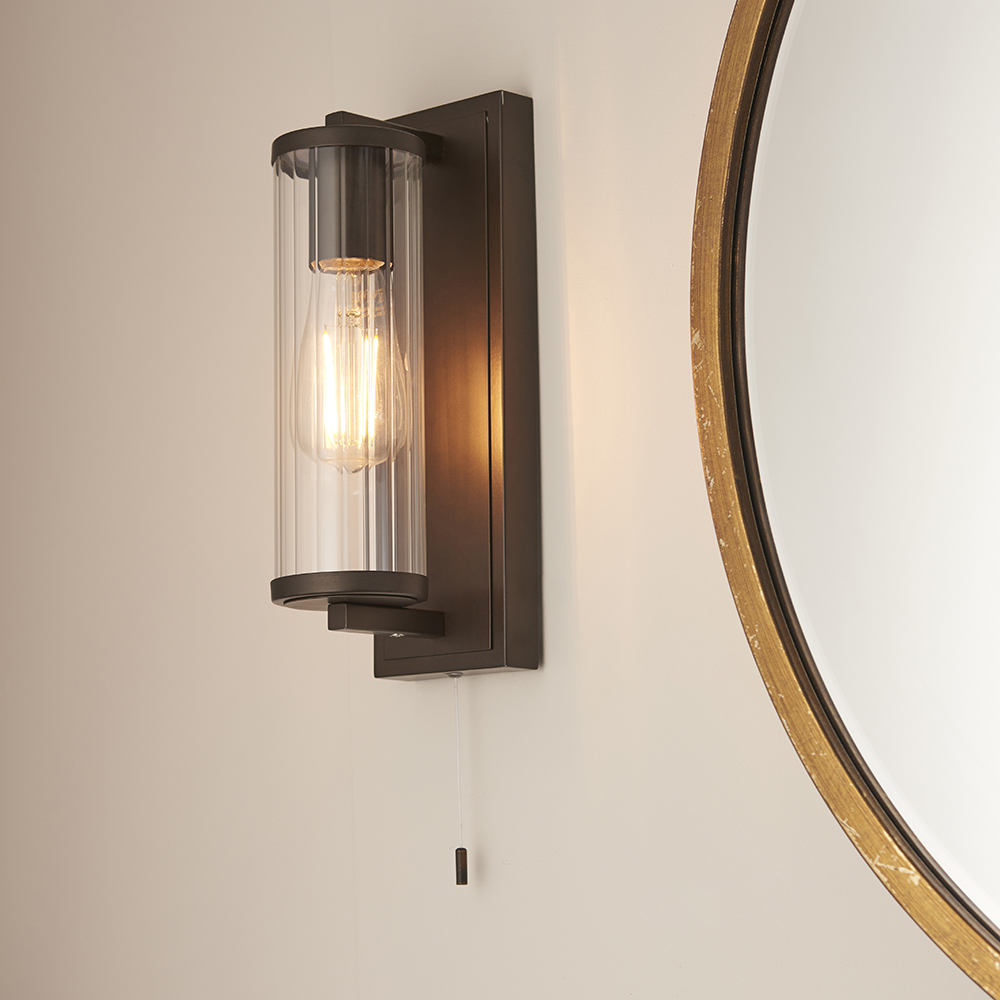 Adel Cylinder Clear Glass Shade Bathroom Wall Light In Bronze