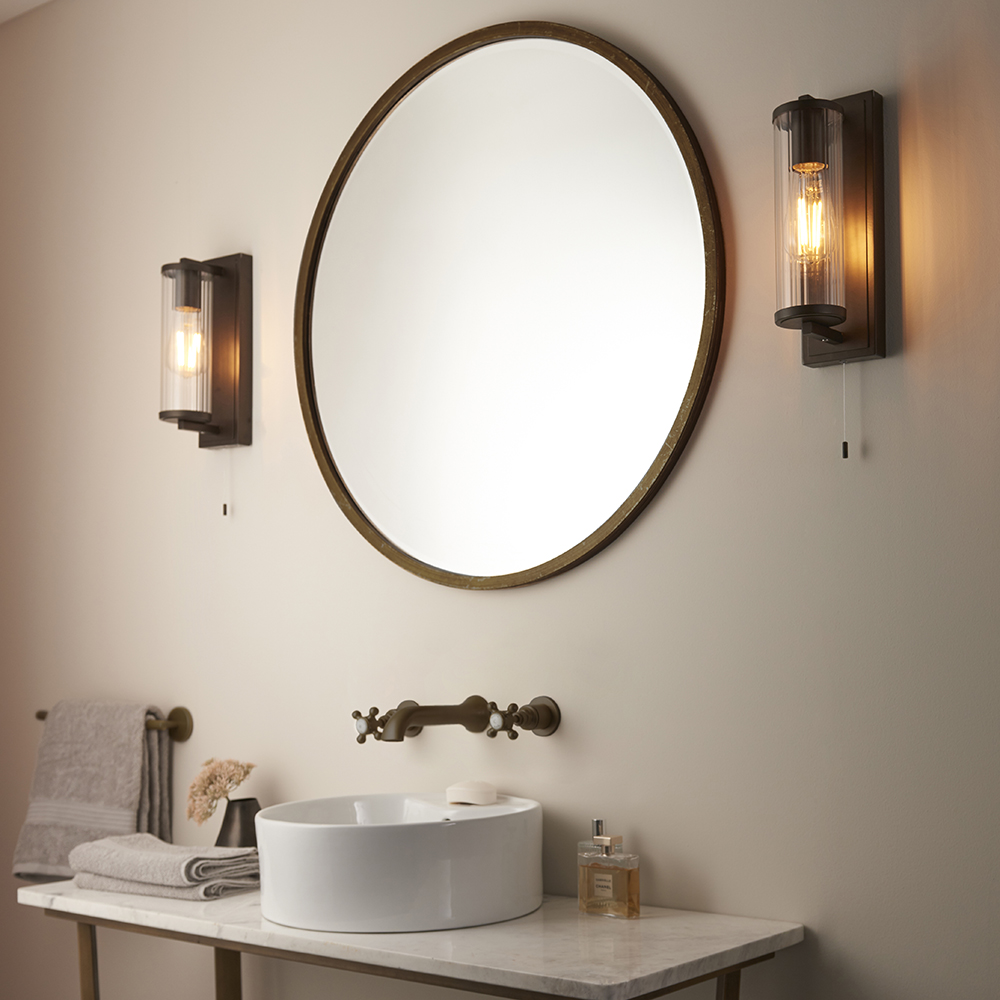 Adel Cylinder Clear Glass Shade Bathroom Wall Light In Bronze