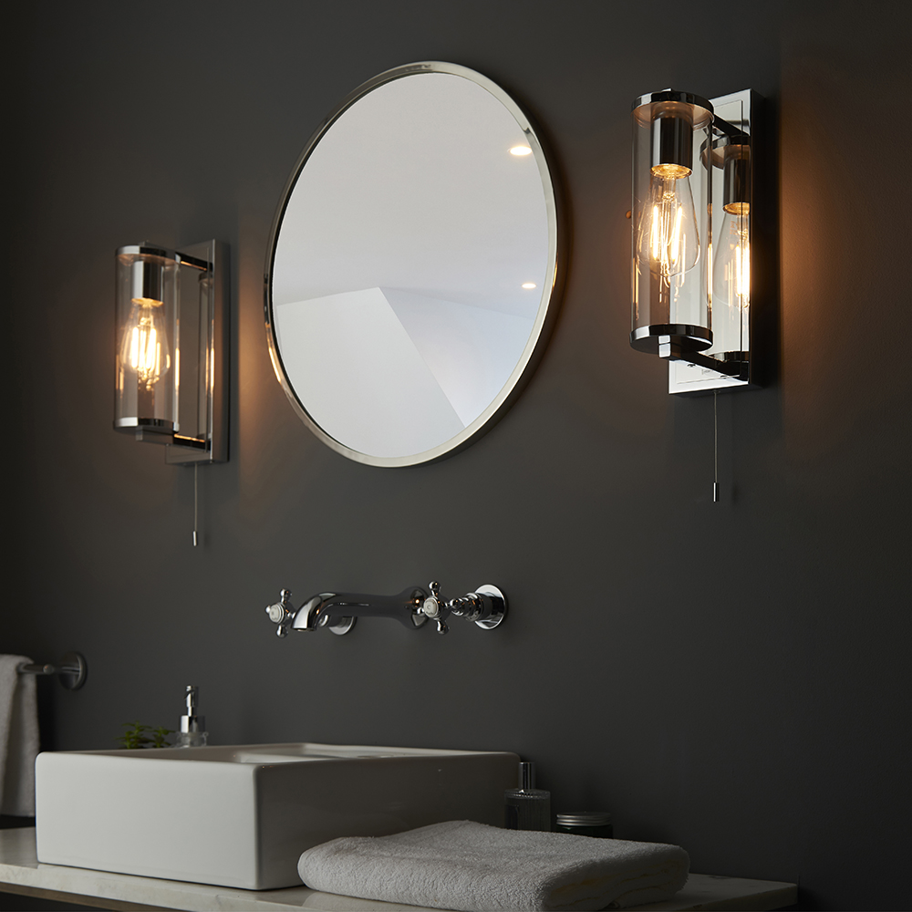 Adel Cylinder Clear Glass Shade Bathroom Wall Light In Chrome