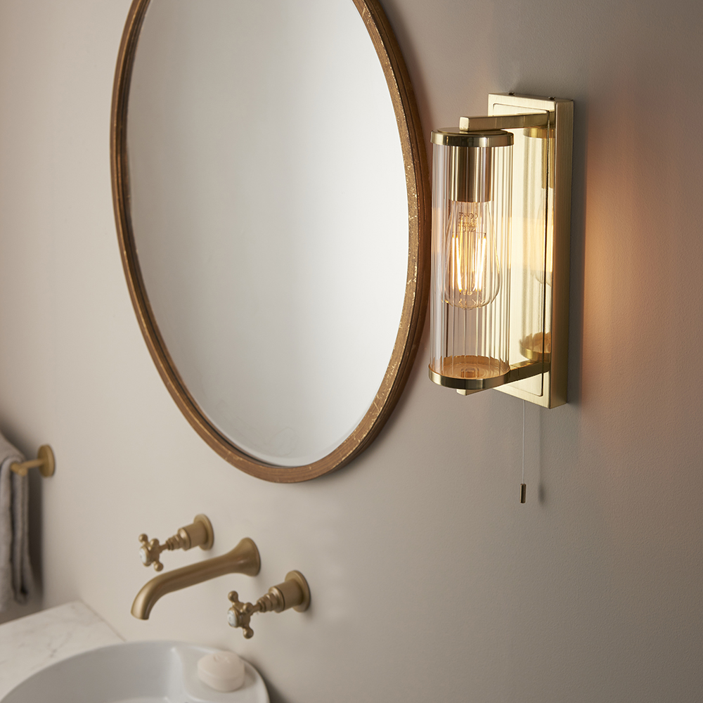 Adel Cylinder Clear Glass Shade Bathroom Wall Light In Gold