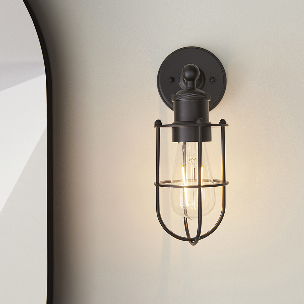 Adel Industrial Designer Caged Bathroom Wall Light In Black