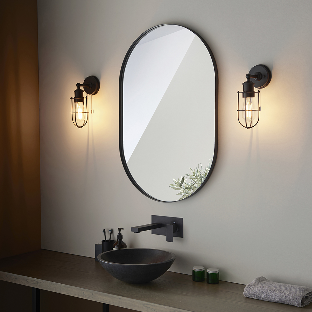 Adel Industrial Designer Caged Bathroom Wall Light In Black