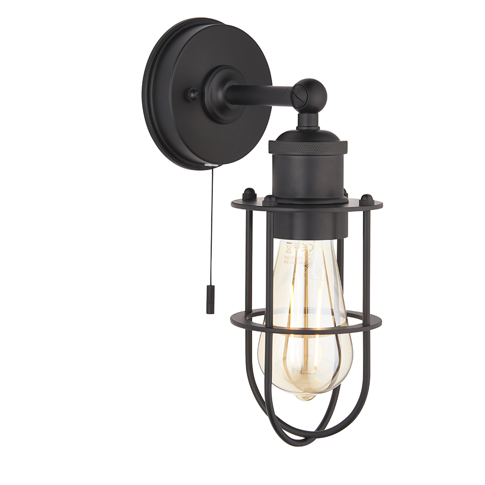 Adel Industrial Designer Caged Bathroom Wall Light In Black