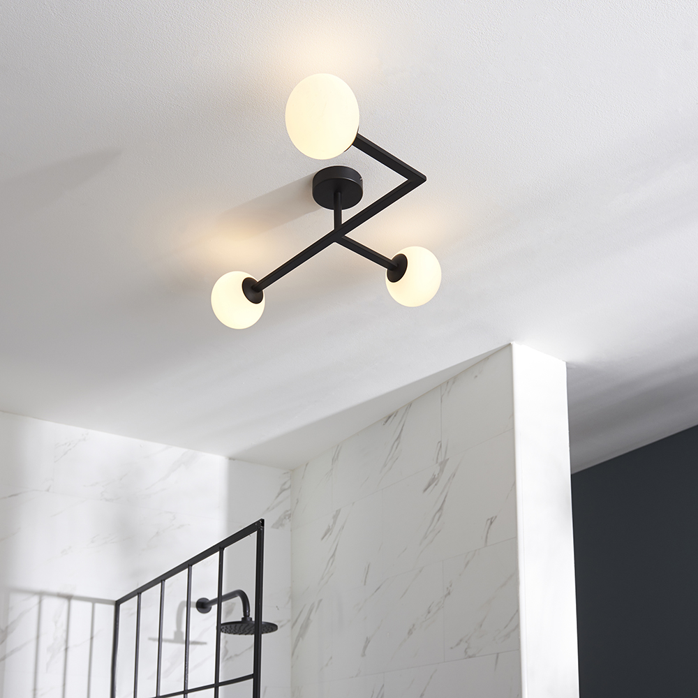 Adel Matt Opal Glass Shade Bathroom Semi Flush Light In Black