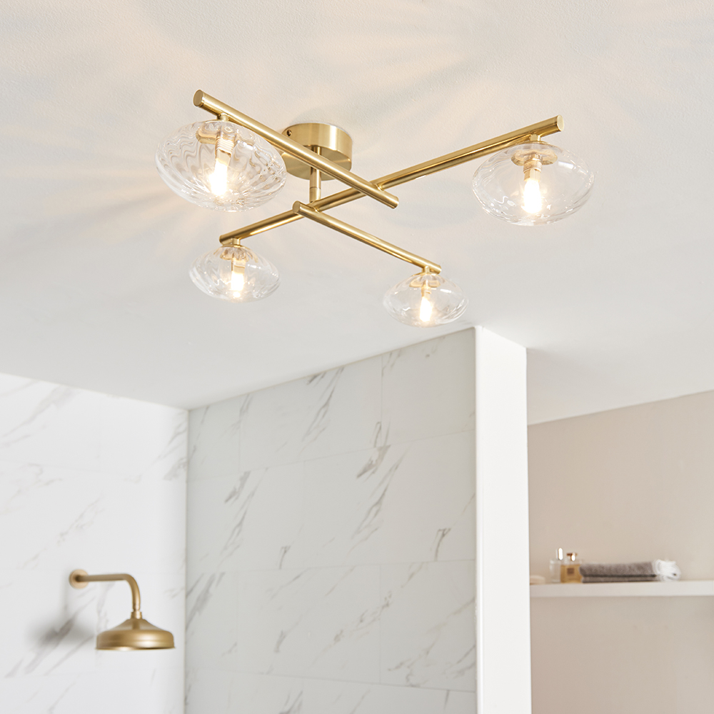 Adel Ribbed Glass Shade Bathroom Semi Flush Light In Brass
