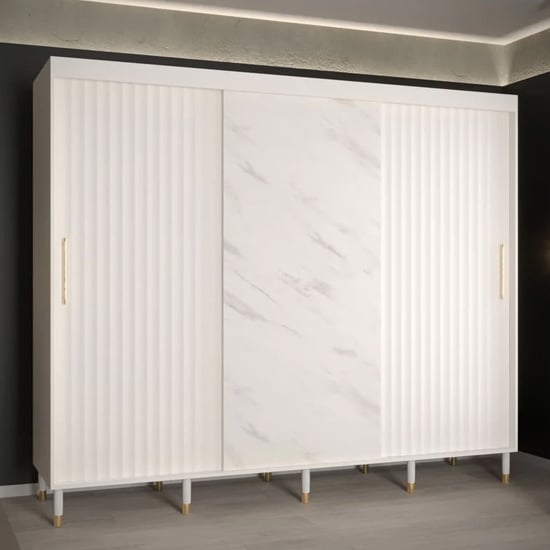 Product photograph of Adel Wooden Wardrobe With 3 Sliding Doors 250cm In White from Furniture in Fashion