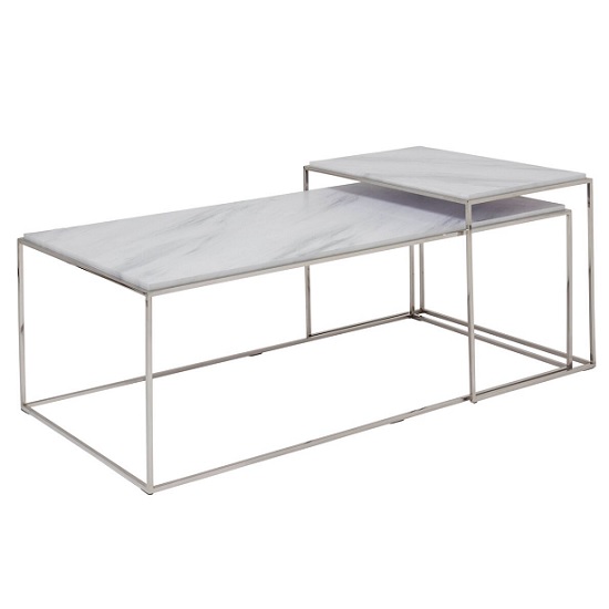 Adelaide Marble Effect Coffee Table Set In White And Steel Frame