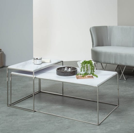 Adelaide Marble Effect Coffee Table Set In White And Steel Frame