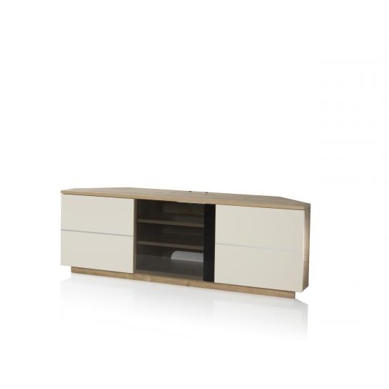 Adele Corner Tv Stand In Oak With Glass And Matt Cream Doors