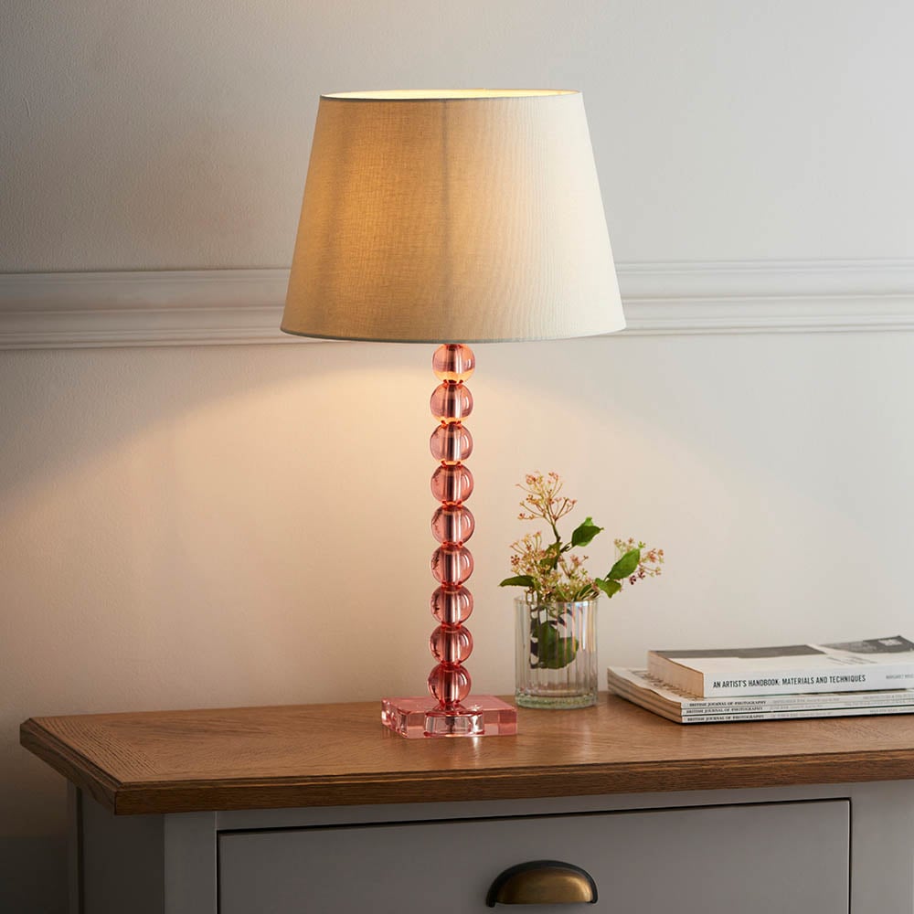 Read more about Adelie ivory linen shade table lamp with blush crystal base