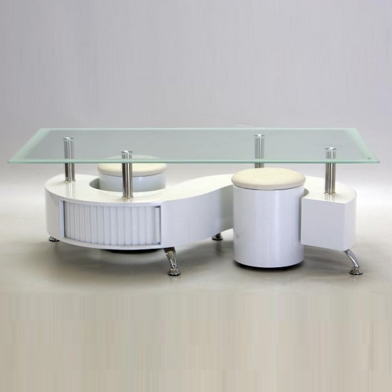 Read more about Beata glass coffee table with 2 stools in white high gloss base